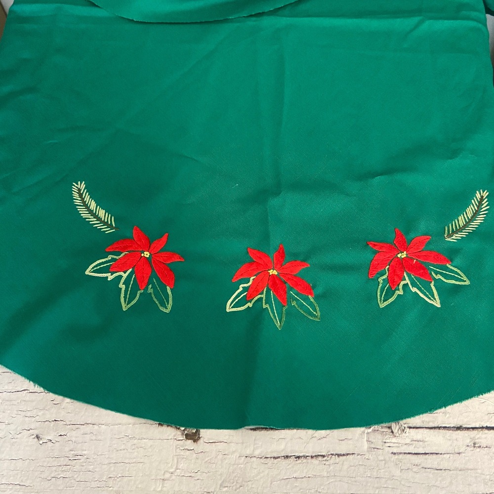Vintage Christmas Tree Skirt Poinsettias Crewel Embroidered Handmade UNFINISHED